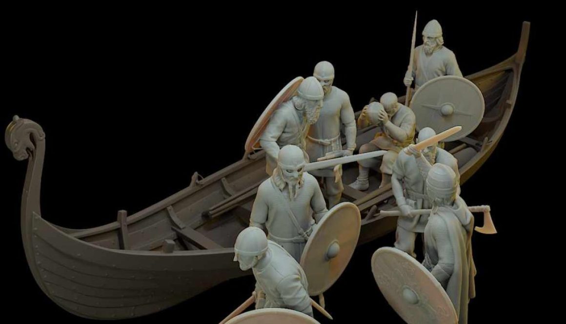 Vikings descending from their ship on the beach